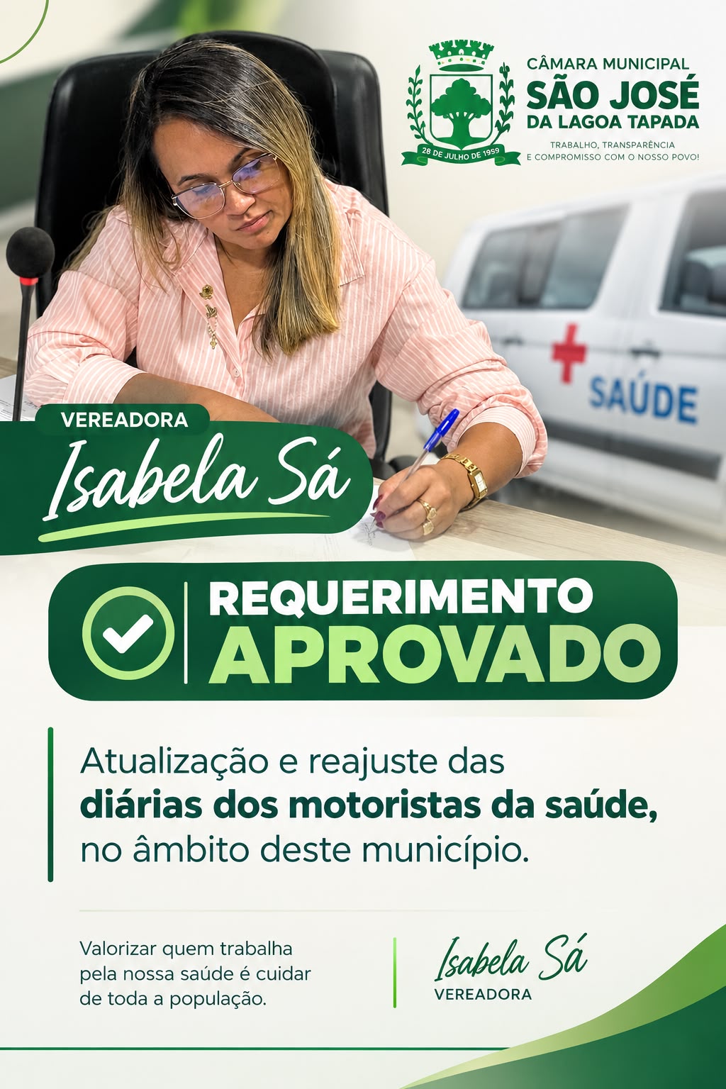 Isabela Sá apresenta requerimento para atualização e reajuste das diárias dos motoristas da Saúde